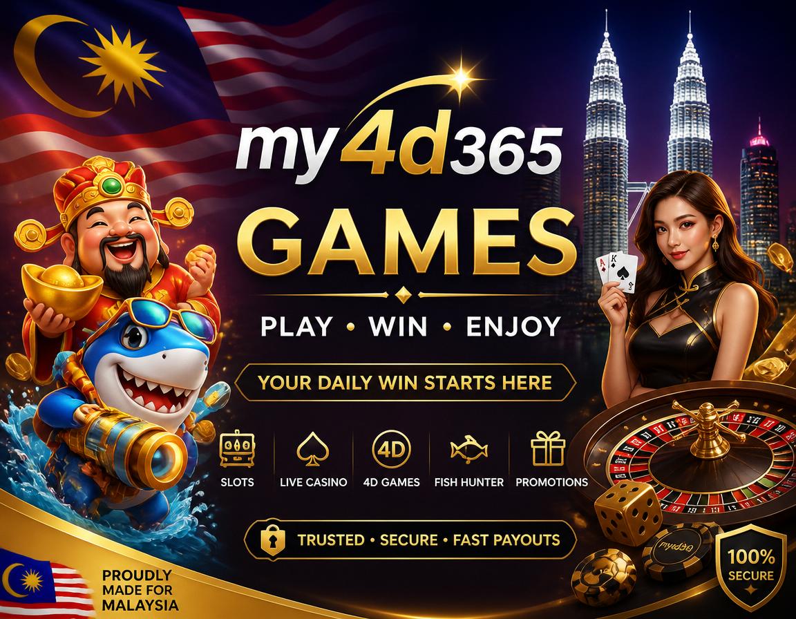 my4d365 games overview with slots, live tables, cards, chips, and casino categories